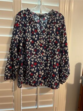 Talbots Navy Heart-Print Peasant Blouse with Red & White Hearts
